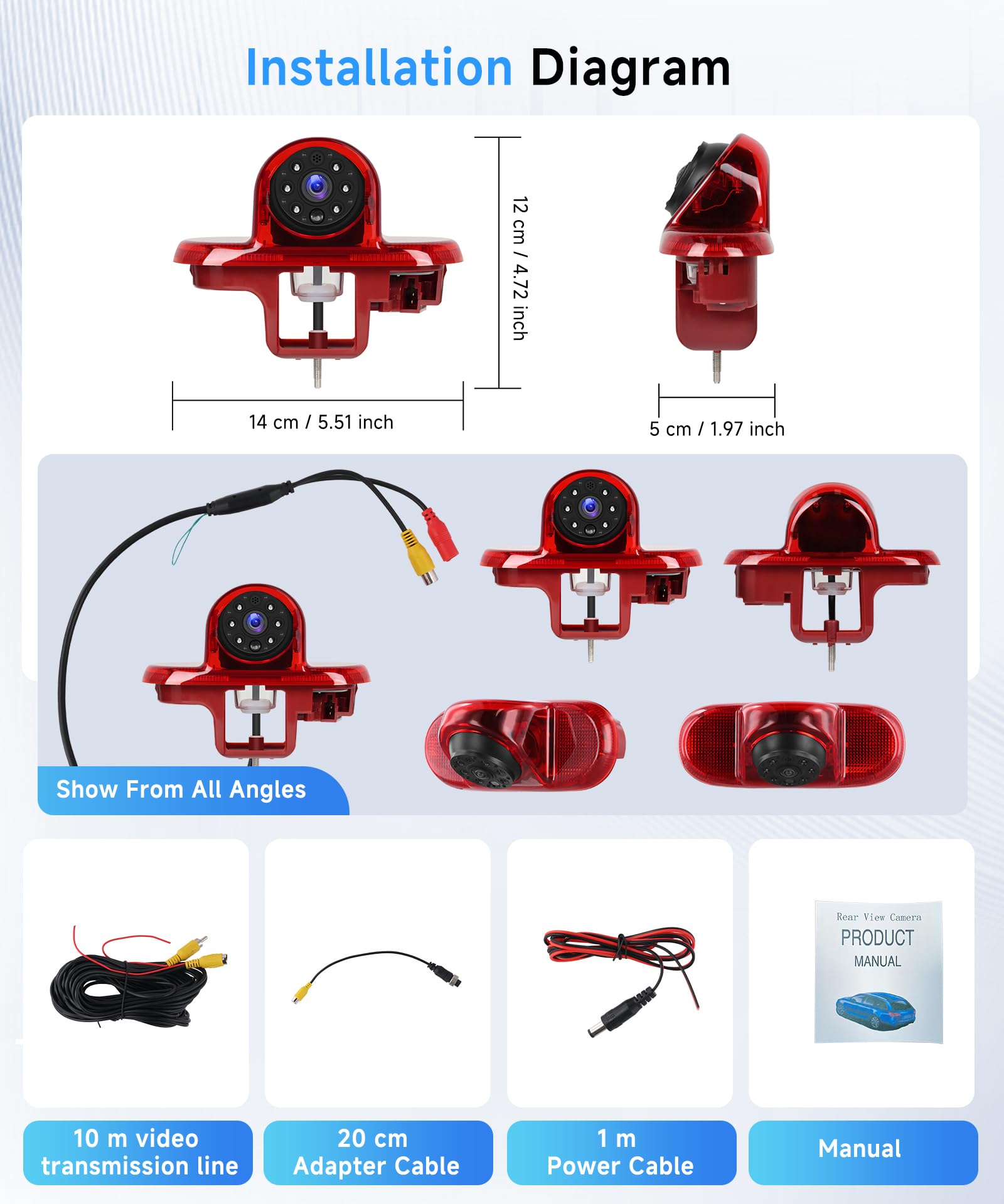 Hodozzy Caméra de Recul pour Renault Trafic/Opel Combo/Opel Vivaro 2001-2014,Caméra de Troisième Feu Stop de Voiture,Vision Nocturne IR, Etanche IP67,Angle Réglable,avec Ligne Inversée