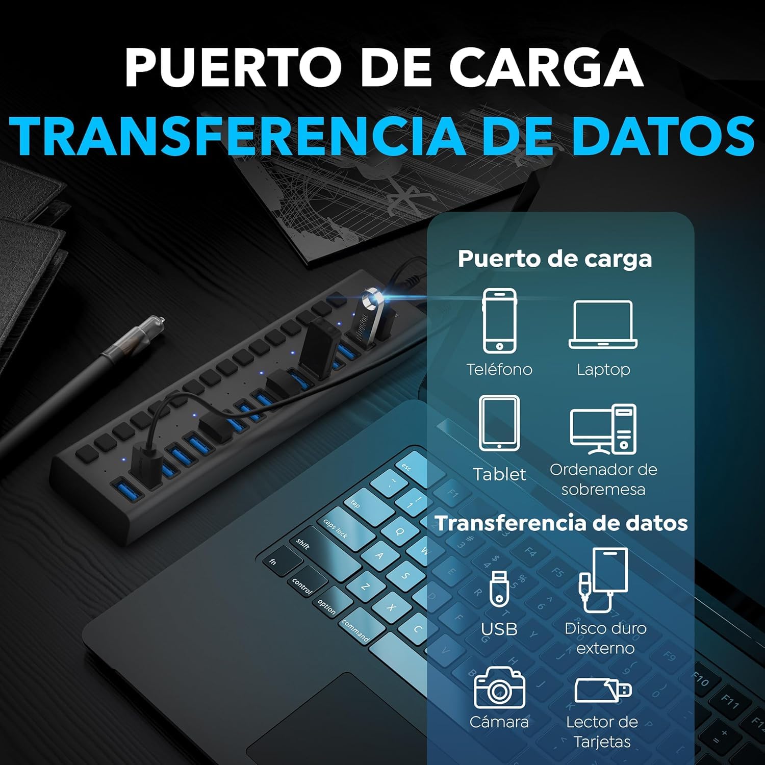 SABRENT Hub de 16 Puertos USB y con interruptores de alimentación Individuales y LED | USB 3.0 | Estación de Carga | Incluye Adaptador de Corriente de 90W | para PS5, Xbox, PC, Gaming [HB-PU16]