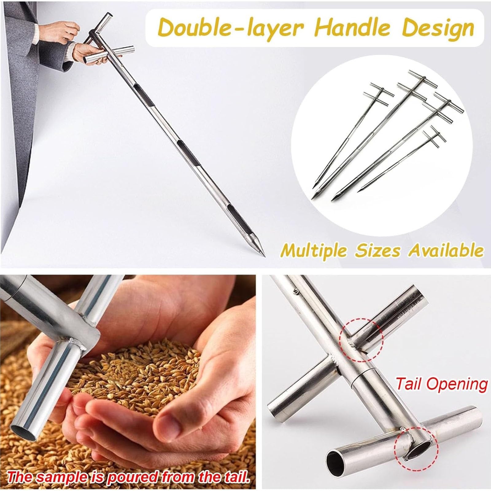 Kit campionatore per suolo e cereali a tre zone, sonda in acciaio inossidabile 304 con manico rotante a doppio strato, ideale per granuli e polveri di grano, lunghezza 2 m, diametro 38 mm