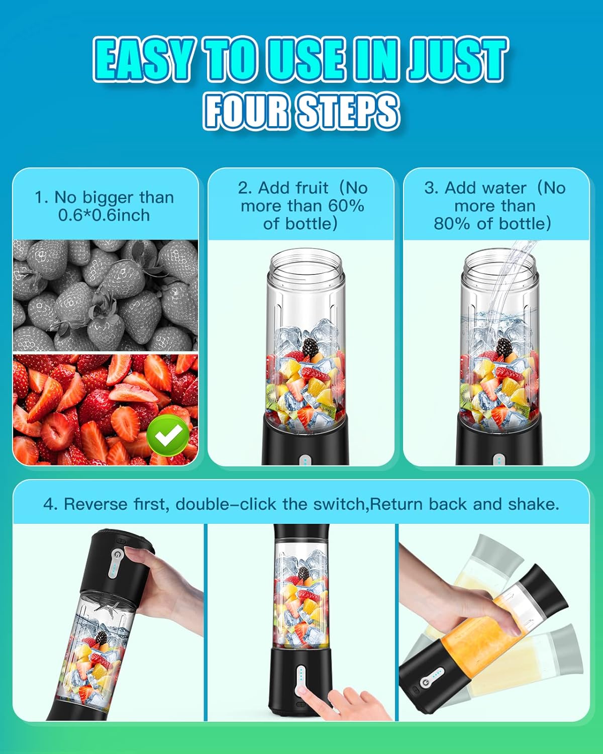 Portable Blender for Shakes & Smoothies - 17oz. USB-C Rechargeable, 6 Blades, BPA Free Personal Size, Cordless Mini Blender for Sports/Travel/Home