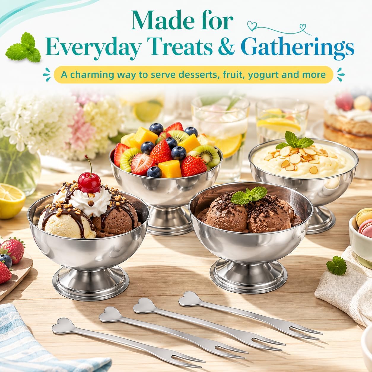 4Pcs Stainless Steel Dessert Bowls, 5.5 Oz Footed Ice Cream Cups with Forks