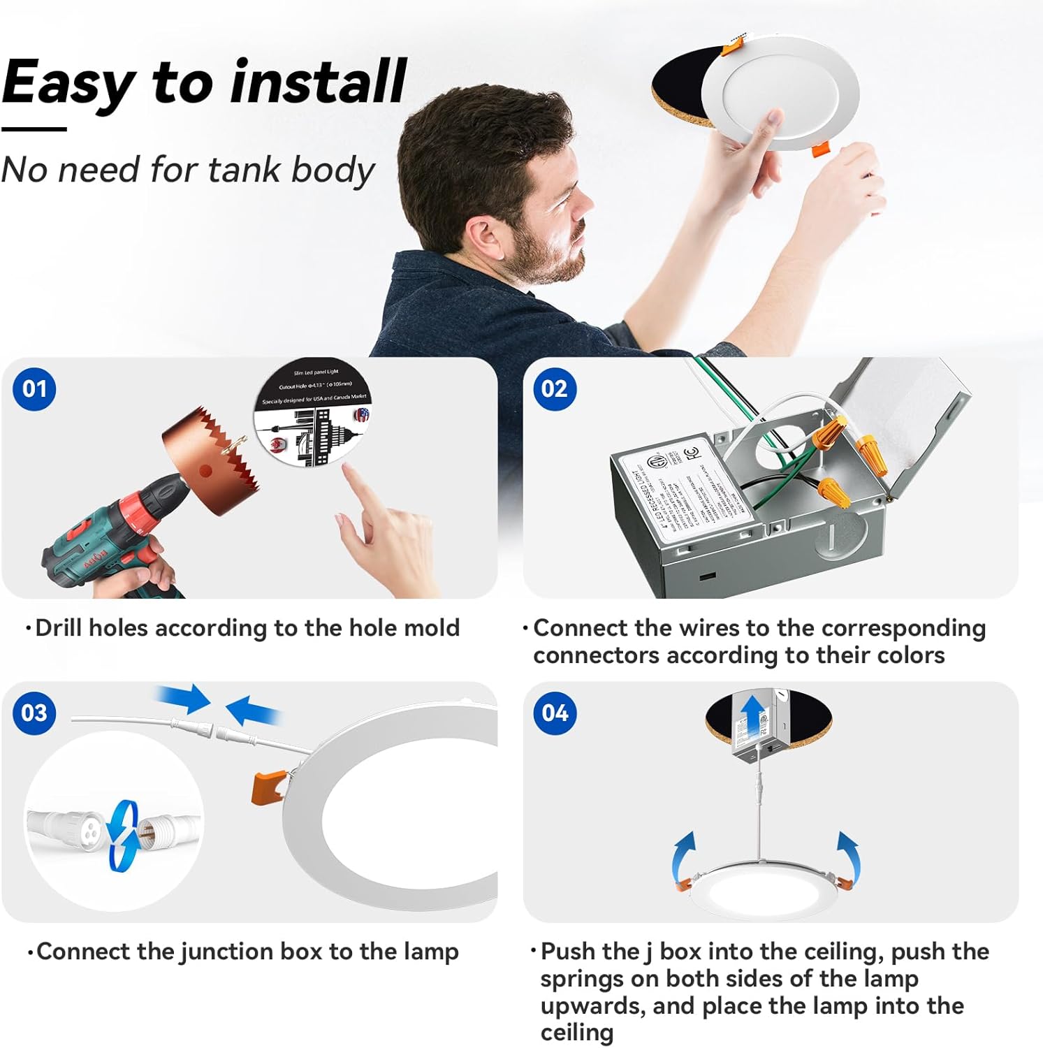 CHARKEE 24 Pack 4 Inch 5CCT Ultra-Thin LED Recessed Ceiling Light with Junction Box, 2700K/3000K/3500K/4000K/5000K, 750LM, 9W Equivalent to110W, Dimmable Canless Downlights, ETL & Energy Star & FCC