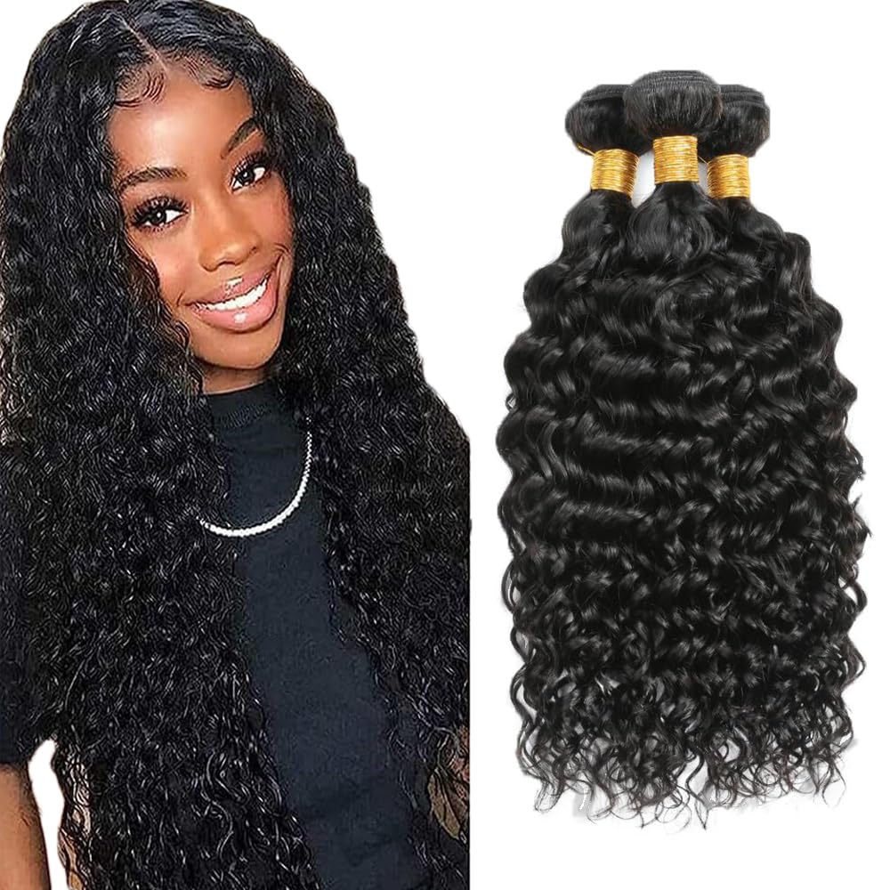 Creuost Human Hair Bundles #1b Natural Black Color Water Wave Weave 3 Bundles Total 300g Unprocessed Glueless Virgin Double Weft Human Hair Extension For Women 18 20 22 Inch