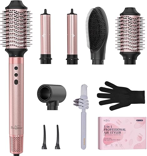 Miniatura 8 de Brightup Estilizador de cabello de doble voltaje, 5 en 1, de alta velocidad, cepillo secador de aire caliente de 1400 W, iones negativos, botón de