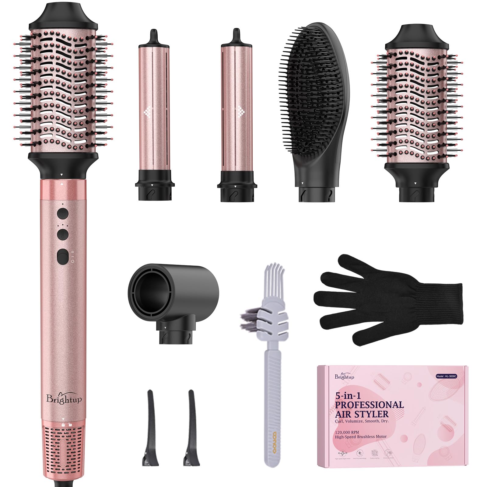 Brightup 5 in 1 High-Speed Hot Air Styler, 1400W Powerful 120000RPM Hair Dryer Brush, Negative Ions Thermal Brush, Cool Shot Button, Curler, Volumizer, Straighter, No Heat Damage, with Travel Bag