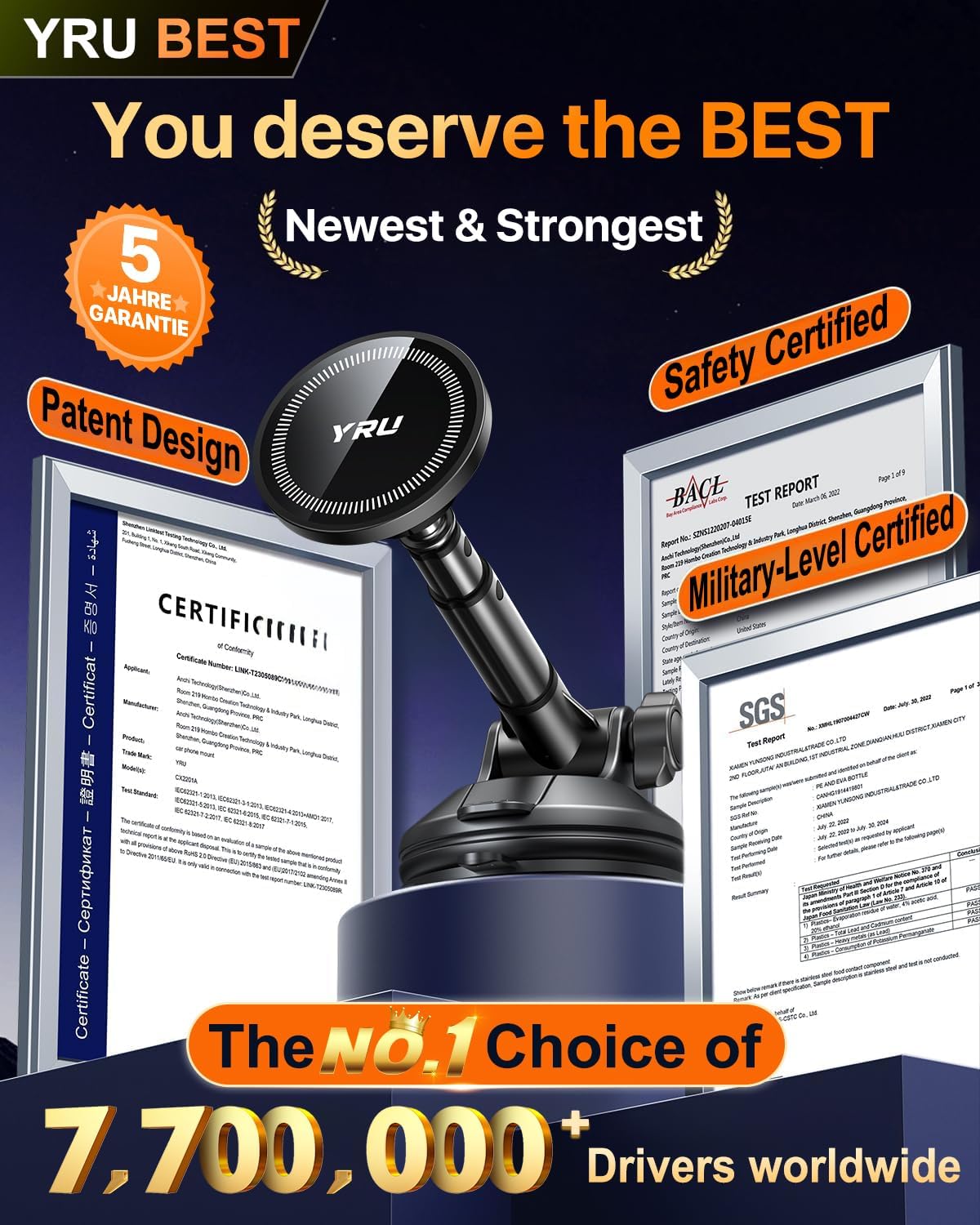 YRU Upgraded Magnetic Phone Holder for Car【Patented & Super Magnet】 for MagSafe Car Mount Dashboard Magnet Phone Holder Windshield Phone Stand for iPhone 17 16 15 14 13 12 Pro Max Samsung, Grey