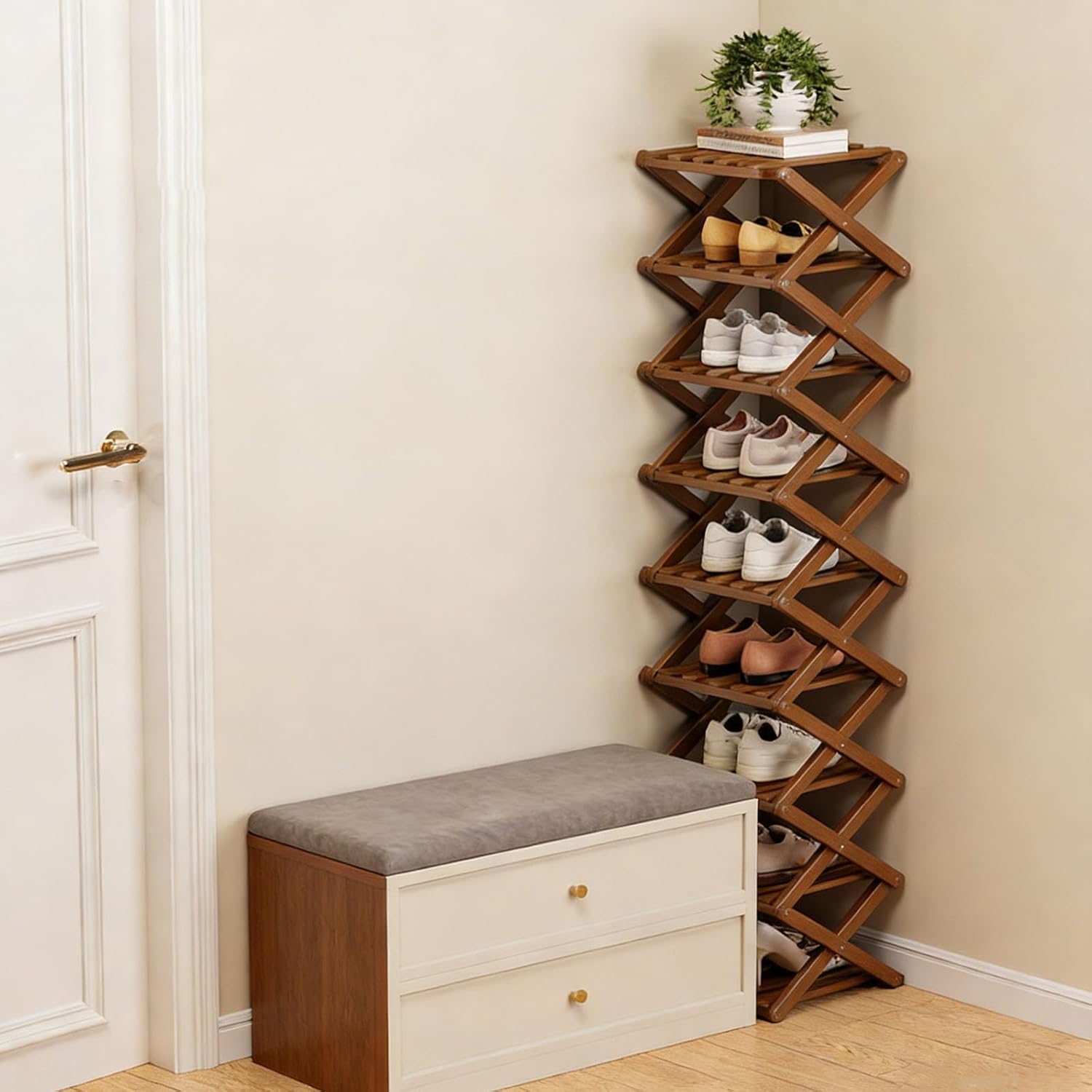 The 9-Tier No-Assembly Bamboo Rack, Foldable Space-Saving Organizer for Shoes, No Assembly Narrow Shoe Shelf for Entryway Closet Dorm (Brown, 9)