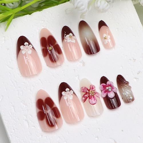 Miniatura 154 de Uñas postizas medianas a presión con lazos 3D, diseño de diamantes de imitación, punta francesa, pegamento brillante en las uñas acrílicas blancas