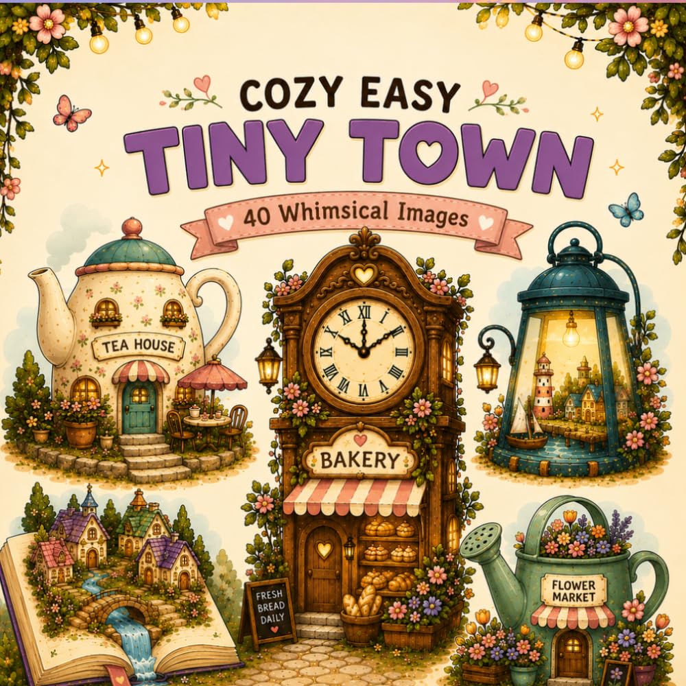 Cozy Easy Tiny Town 40 Whimsical Worlds Hidden Inside Everyday Objects: A Bold and Easy Coloring Book Filled with Magical Miniature Villages, Cozy Shops, and Storybook Scenes