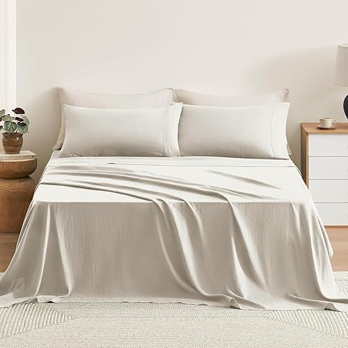 Juego de sábanas de lino puro, 100% lino natural francés, juego Queen de 4 piezas (1 sábana encimera, 1 sábana bajera, 2 fundas de almohada), lino