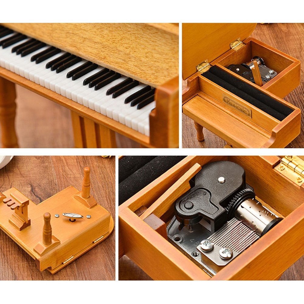 Retro Wind-Up Wooden Piano Musical Box,Wooden Simulation Gift Music Box,Amazing Grace Musical Box,with Silver-Plating Movement in,Wood