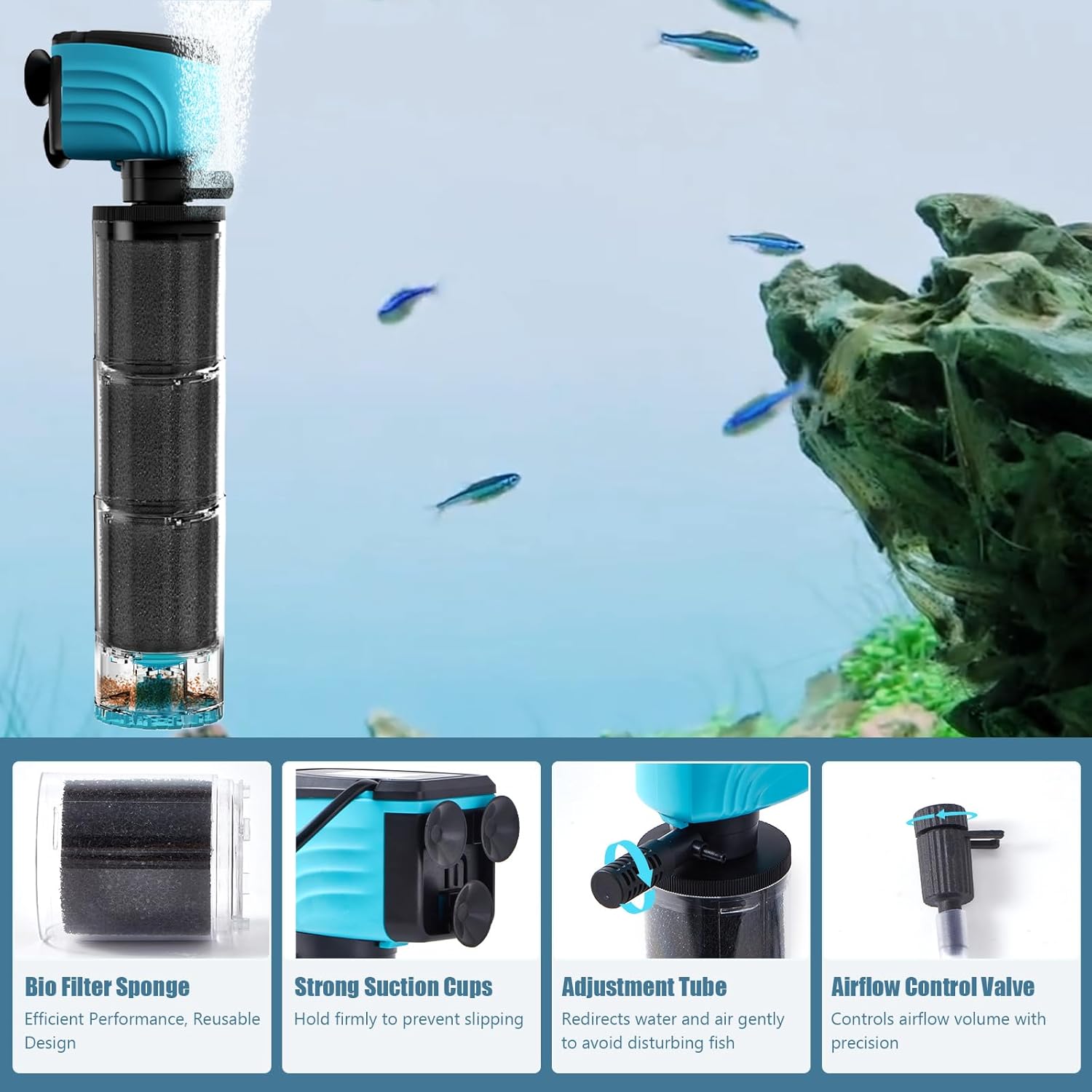 Submersible Aquarium Filter, Upgraded 100–300 Gallon Fish Tank Filter with Fish Guard, Internal Whisper Pump for Turtle Tank, Debris Tray, Fresh/Saltwater