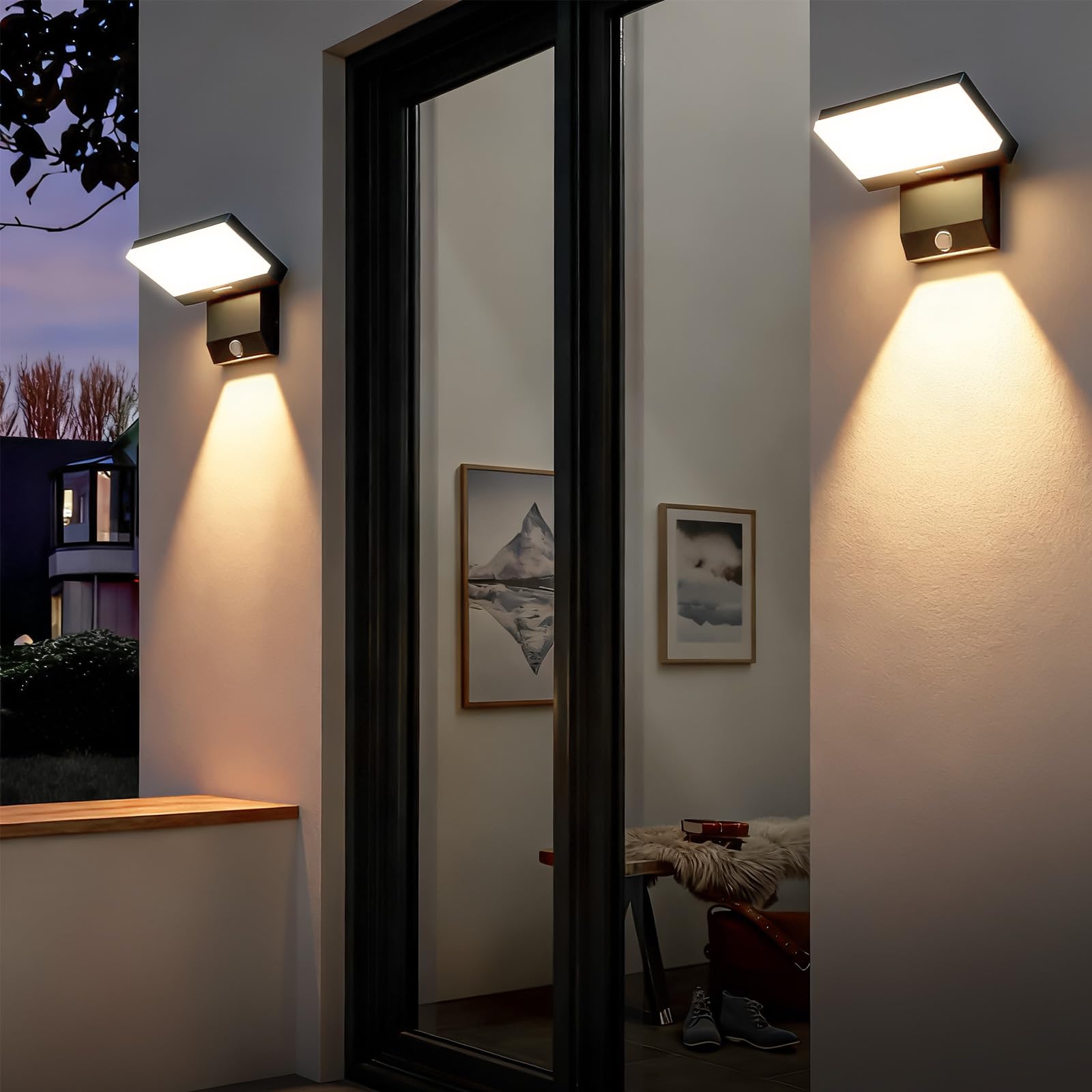36W LED Wandleuchte Außen/Innen Modern Wandlampe 3000K Warmweiß | mit Bewegungsmelder IP65 Wasserdicht Schwenkbares LED Panel Außenwandleuchte für Terrasse Eingang Garten und Balkon, 2pcs