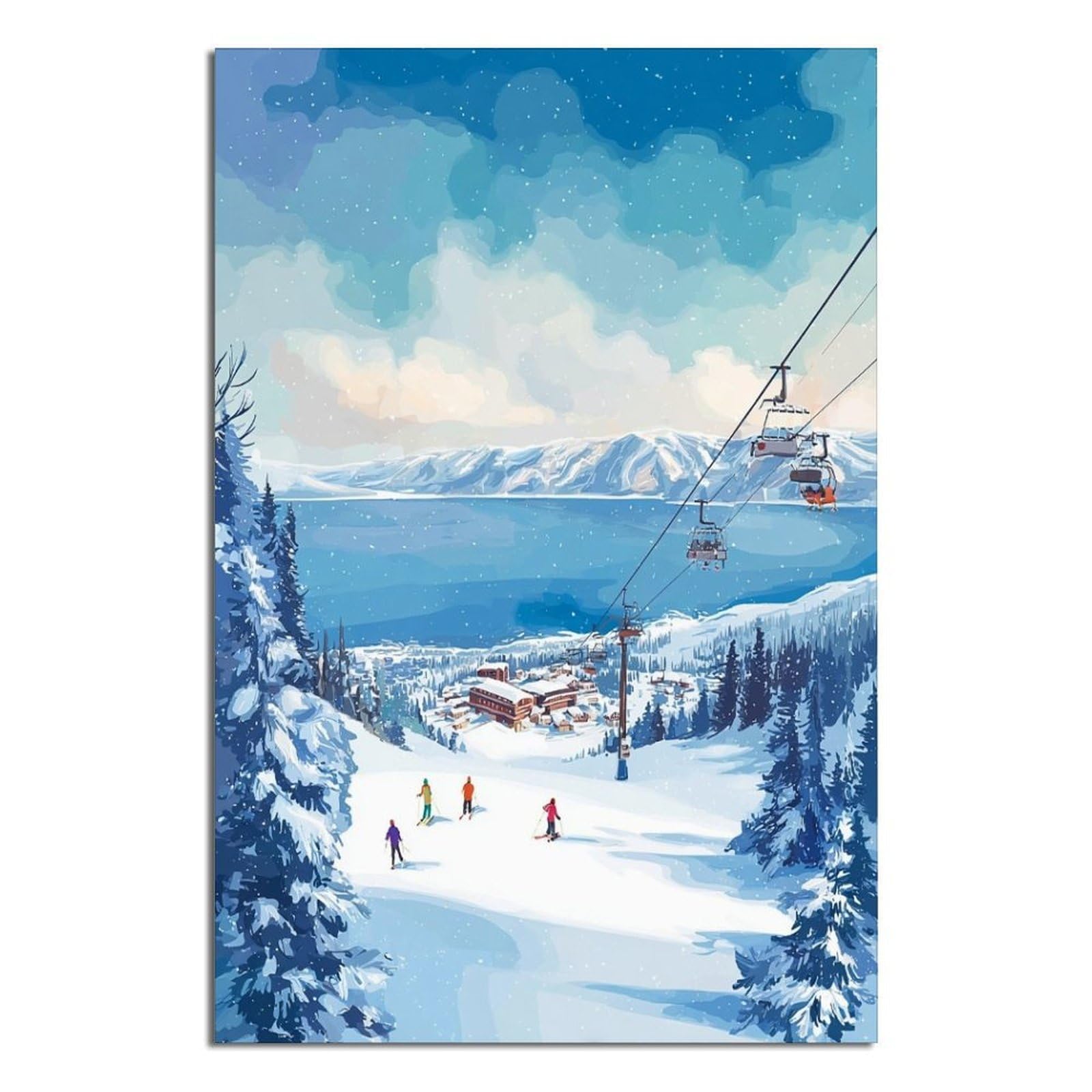 CFXNGA Heavenly Mountain Ski Poster 24x36inch(60x90cm) Vintage Watercolor Canvas Art