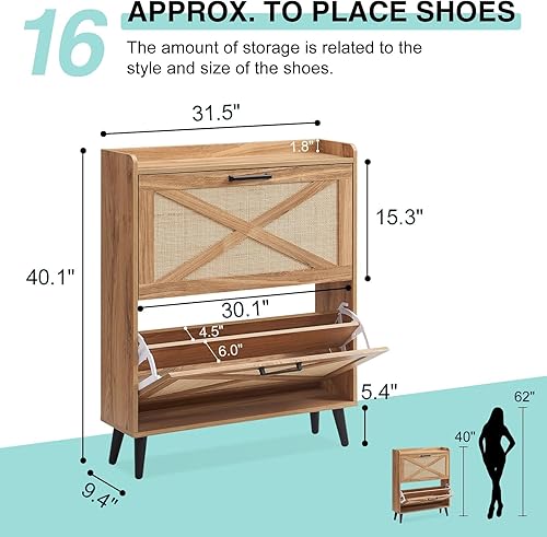 Miniatura 2 de Armario de almacenamiento de zapatos, organizador de zapatos bohemio con 4 cajones abatibles y diseño de ratán, armario de zapatos oculto oculto