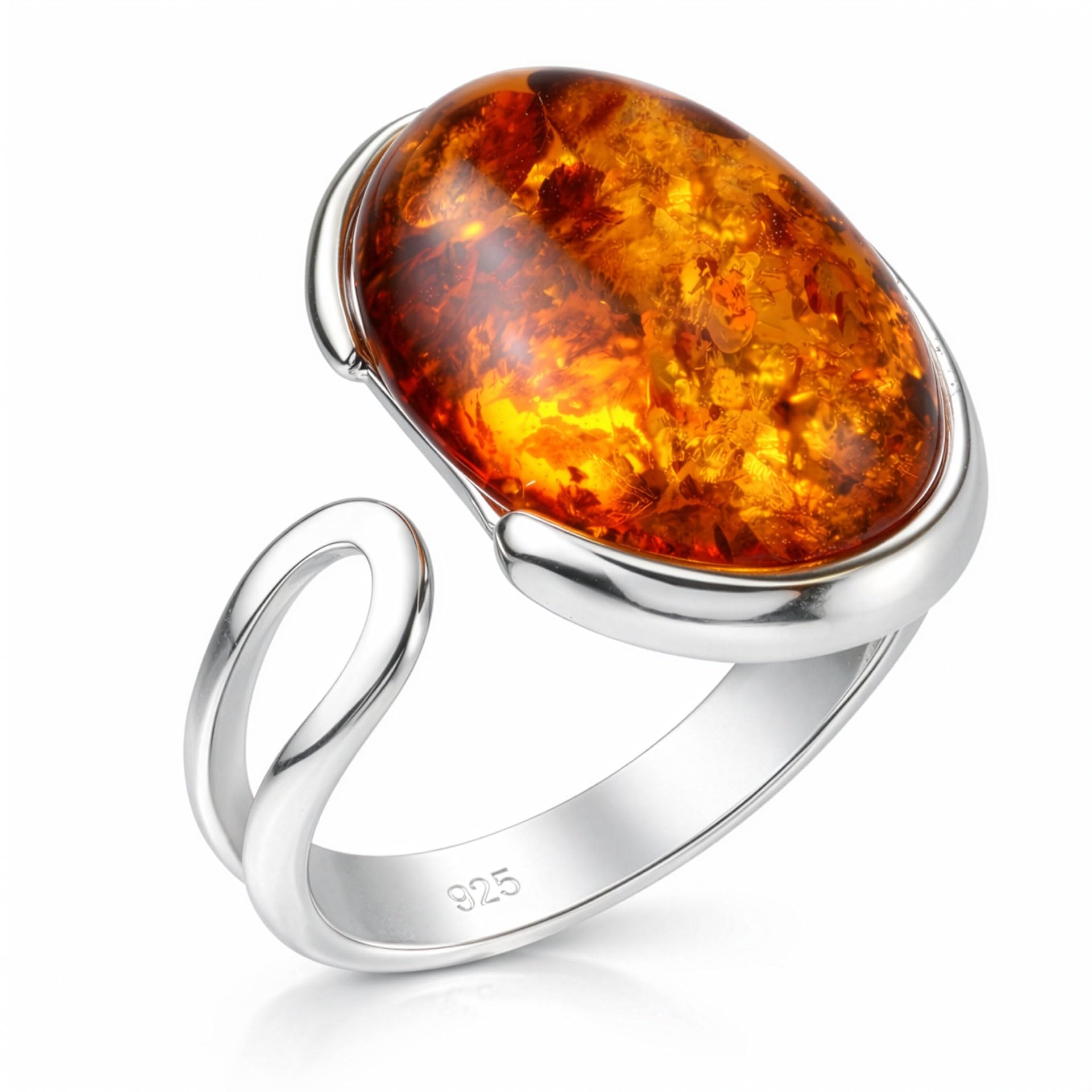 925 Sterling Silber Verstellbarer Ring mit echtem Baltischen Honigbernstein – Ovaler Naturbernstein, Handgefertigter Damenring aus Polen
