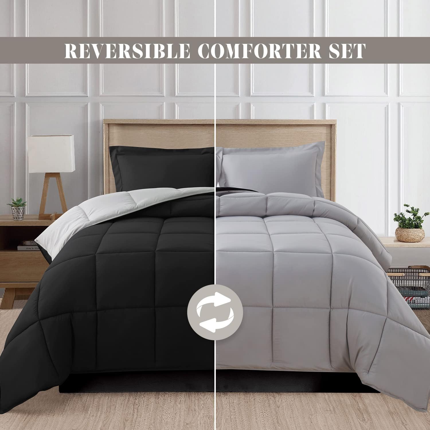 Elegant Comfort 3-Piece Reversible Comforter Set, All Season Cozy, Soft Down Alternative, Quilted - Box Stitched - Duvet Insert with 4 Corner Tabs, Comforter with Shams, Cali King, Black/Silver