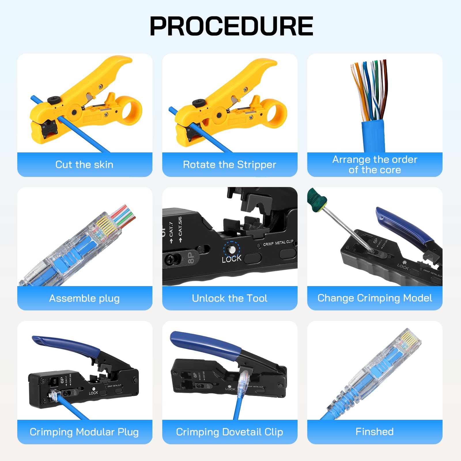 Kit d'outils à sertir RJ45, kit d'outils de sertissage Ethernet pour passer à travers les connecteurs RJ45 avec 50 connecteurs Cat 6, testeur de câble réseau et coupe-fil, kit d'outils de sertissage
