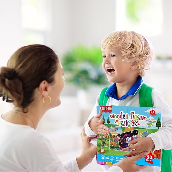 Wooden Puzzles Toys for Kids Ages 3-5, Set of 4 Packs Dinosaur, Space, Transportation Wood Toddler Puzzles, Preschool Brain Teaser Toys for Boys and Girls 3 4 5 6 Years Old