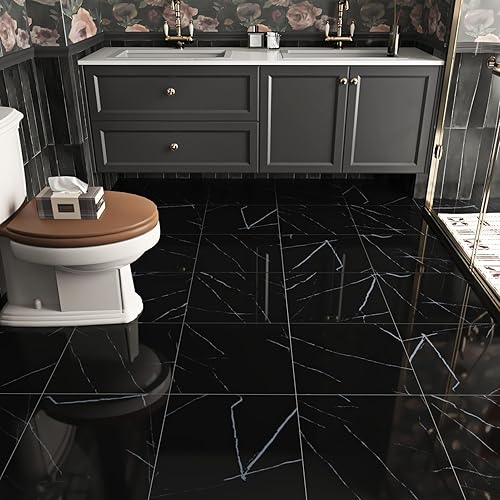 Miniatura 2 de WESTICK 20 azulejos de vinilo para baño, despegar y pegar, color negro, autoadhesivos, azulejos de cocina, suelos laminados de linóleo impermeables