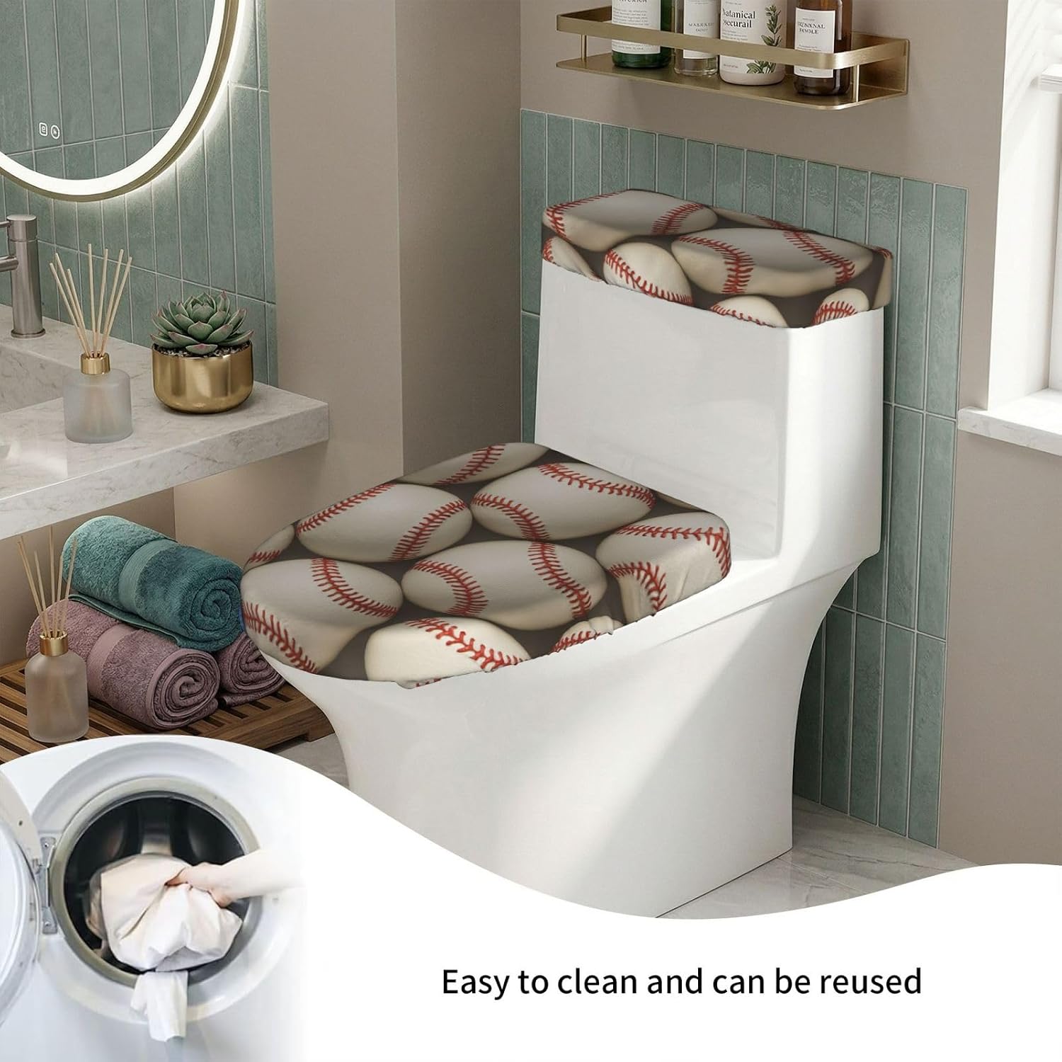 Toilet Lid Cover Set White Baseball Texture Pattern