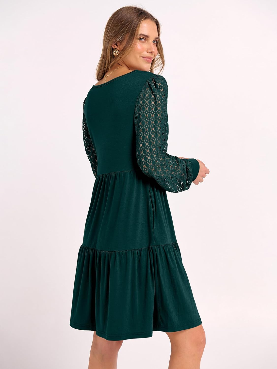 ANRABESS Dresses for Women Casual Lace Long Sleeve V Neck Tiered Swing Flowy Loose A-line Mini Short 2025 Fall Vacation Dress - Image 4