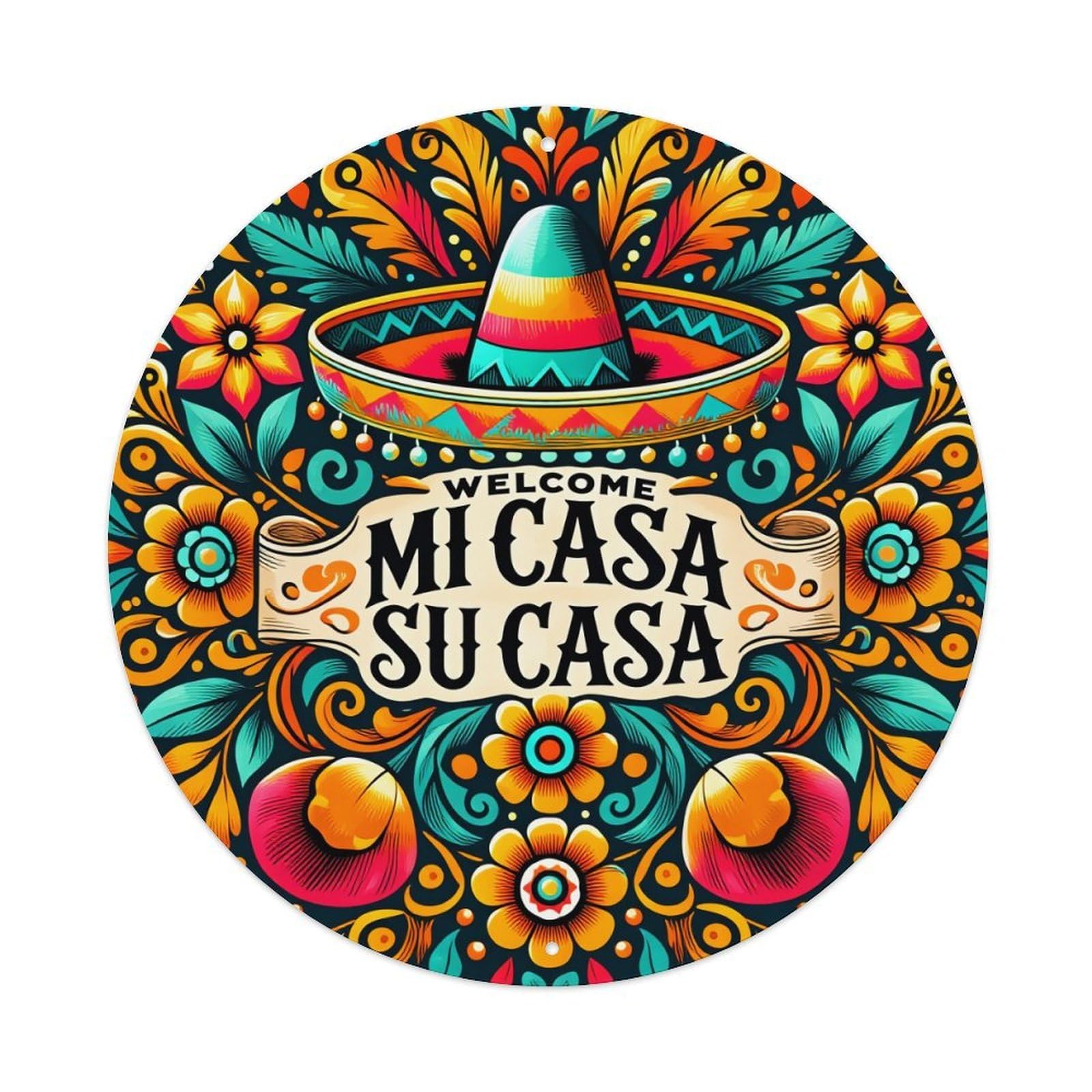 Colorful Mexican Floral Pattern Round Tin Sign Vintage Metal Poster, Home Bar Garage Man Cave Cafe Indoor & Outdoor Wall Decoration 8x8Inches