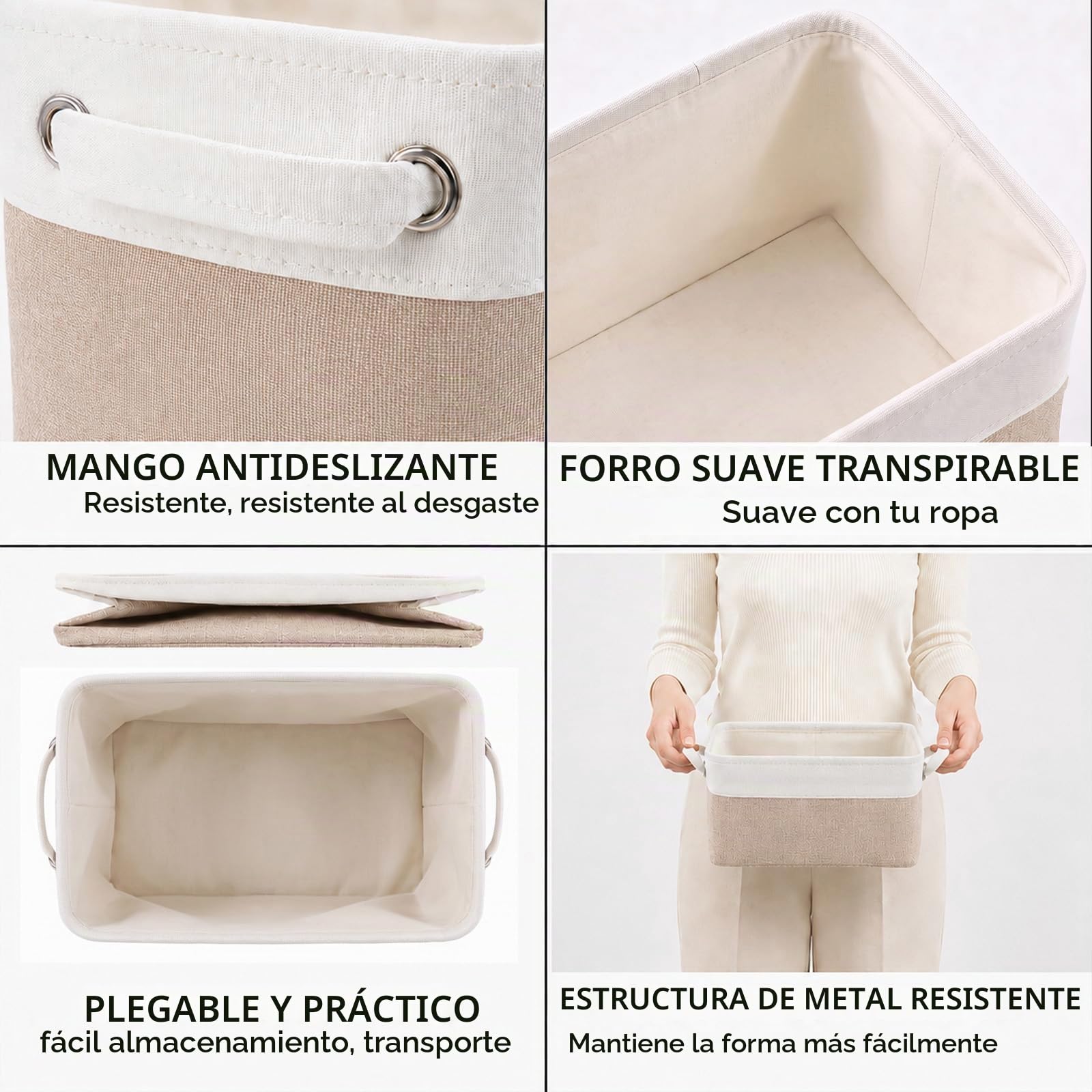 Mangata Medio Cajas de almacenaje Set de 3, cestas de almacenaje, cestos almacenaje de Tela para Armario, estanteria, Juguetes (Plegable,Blanco caqui)