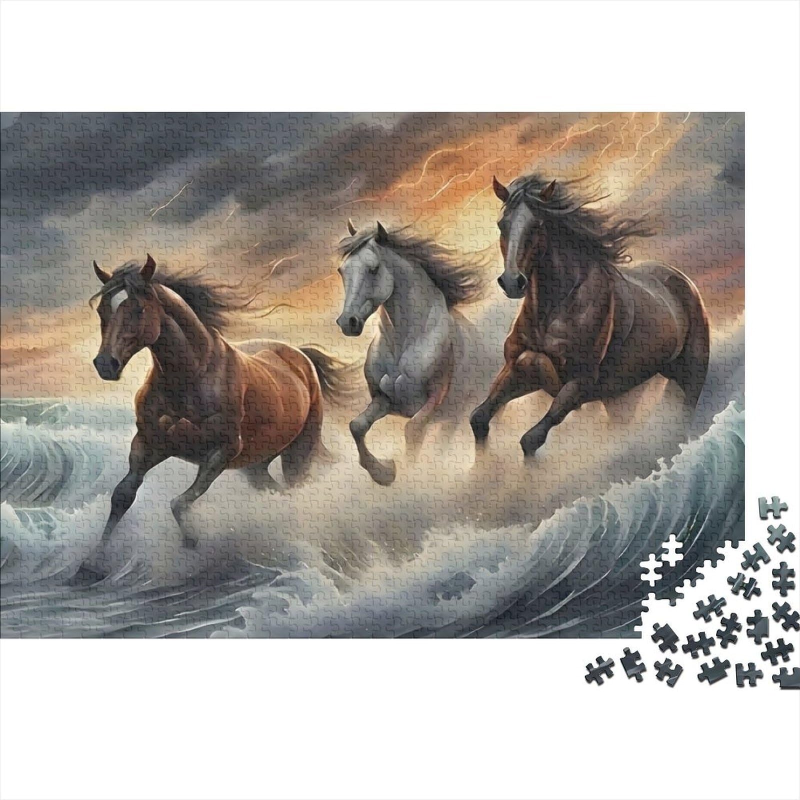 Horses Running Sea Premium Paper Puzzle Horses Mist Jigsaw Sustainable Relaxing Decompression Premium for Adults & Families 38x26cm/1000pcs — image 1