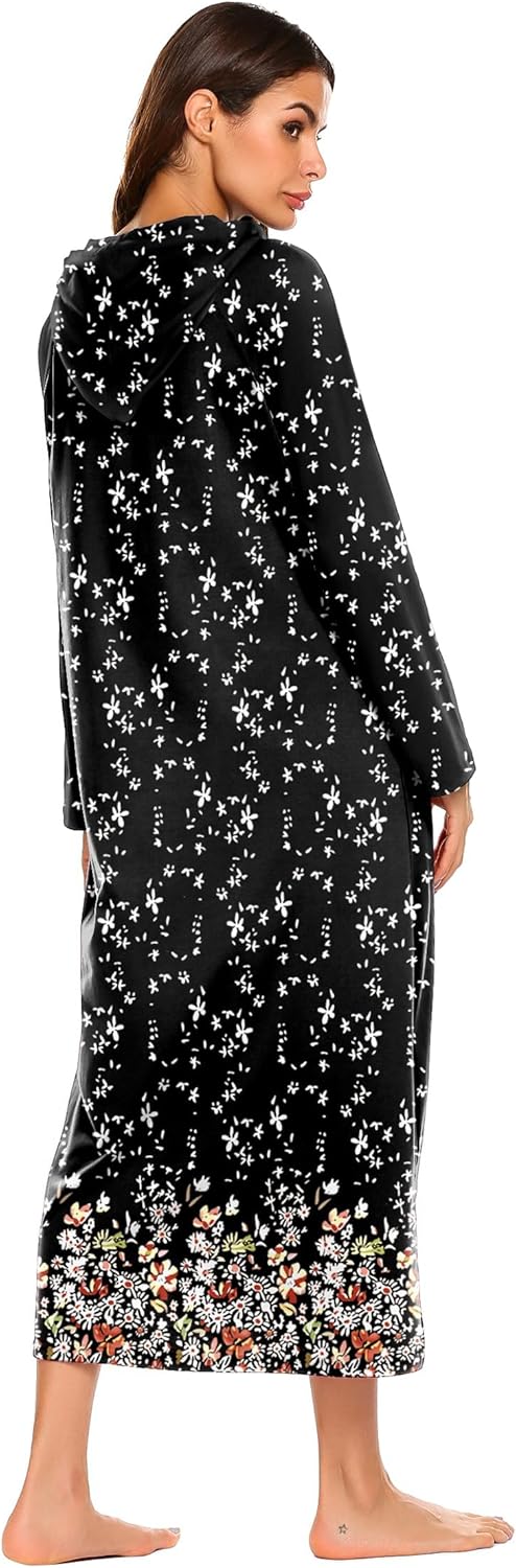 Ekouaer Nightgowns for Women Cotton Nightgown Long Sleeve Hooded Night Gown Contrast Color Full Length Loungewear with Pocket - Image 5