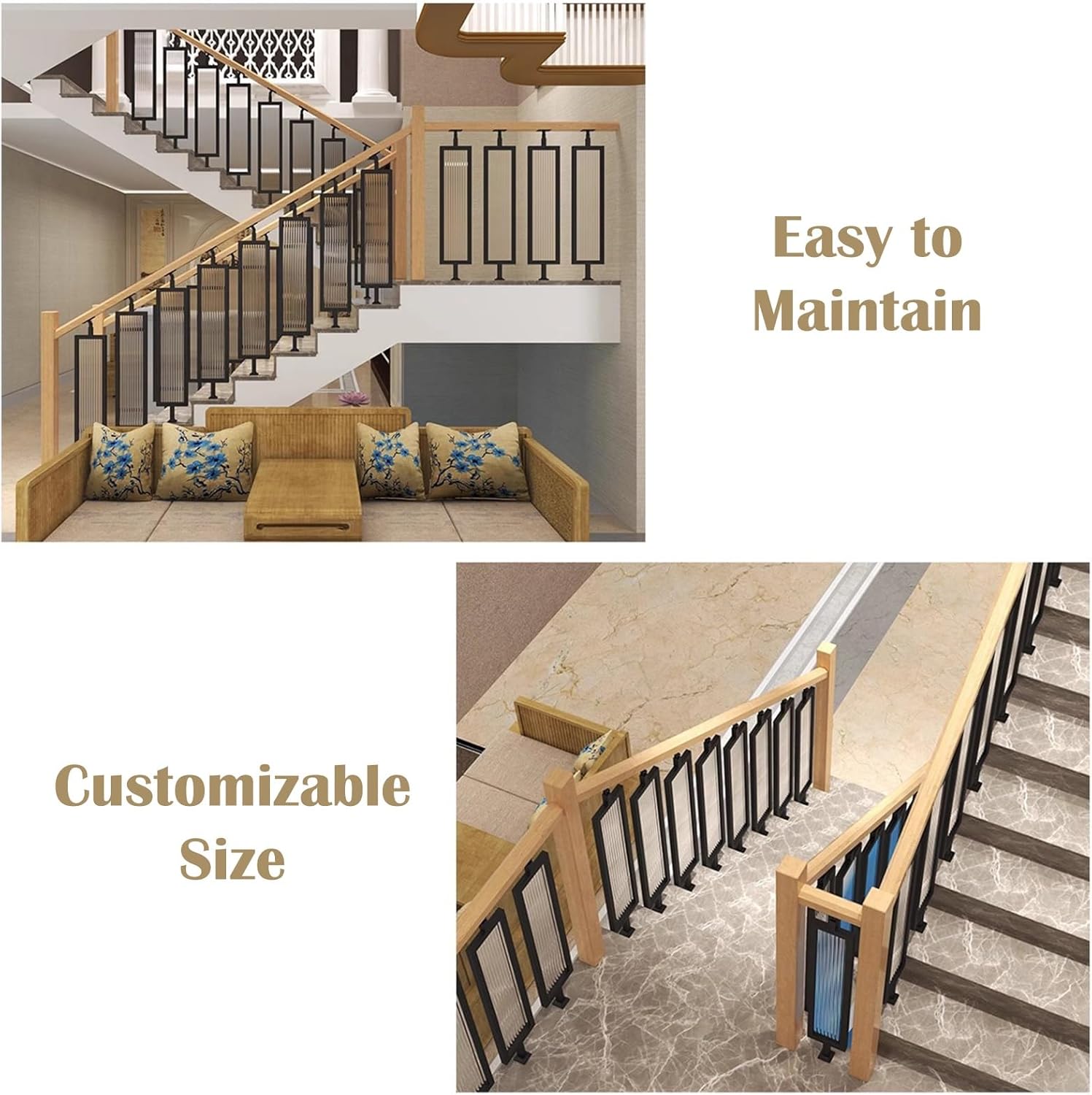 BBHW Stair Balusters Modern Staircase Iron Balusters with Tempered Glass, Steps Deck Railing Handrail System, Customizable Decorative Stair Spindles Kit (Color : Black, Size : 85cm(33 1/2"))