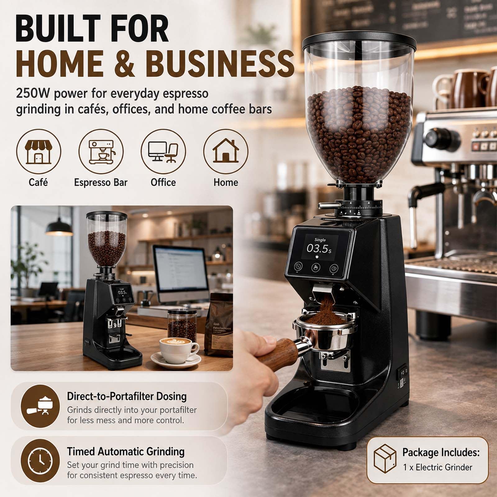 Molinillo de 64 MM con Muelas Planas y Pantalla TáCtil de Molienda Silver | Para espresso, vertido manual y prensa francesa, ajuste externo por pasos, depósito de 500 g de granos