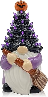 Ceramic Gnome Halloween Decorations, Purple Witches Gnome Ceramic Tree Lighted, Light up Pumpkin Gnome Table Decor, Decor Bedroom Indoor, Halloween Centerpieces for Tables Purple Gnome