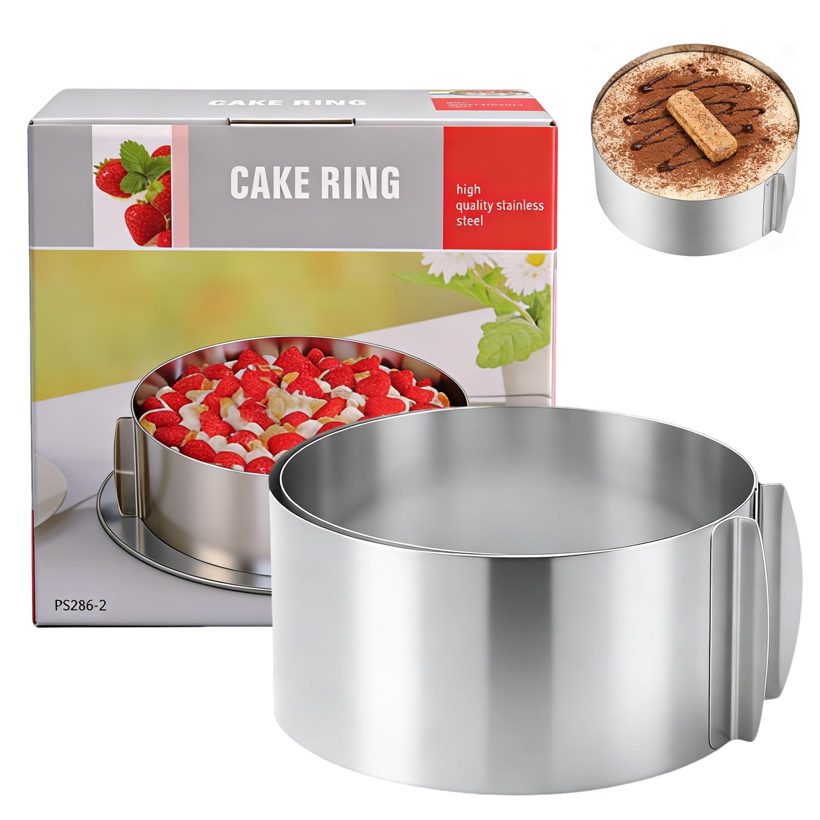 LoNinLoAn Cake Ring Adjustable 16-31CM, Silver, 8CM Height