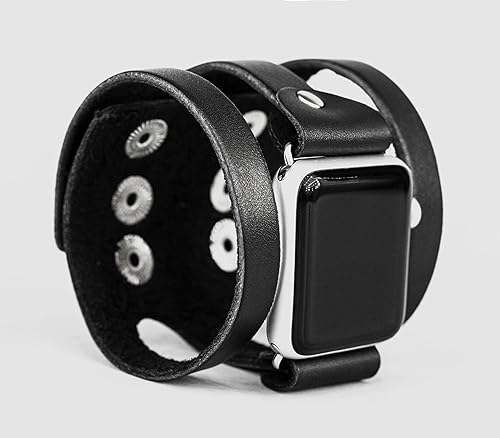 Miniatura 5 de wide Leather cuff band compatible with Apple watch 38mm 40mm 41mm 42mm 44mm 45mm 46mm 49mm, Handmade UA code 1081
