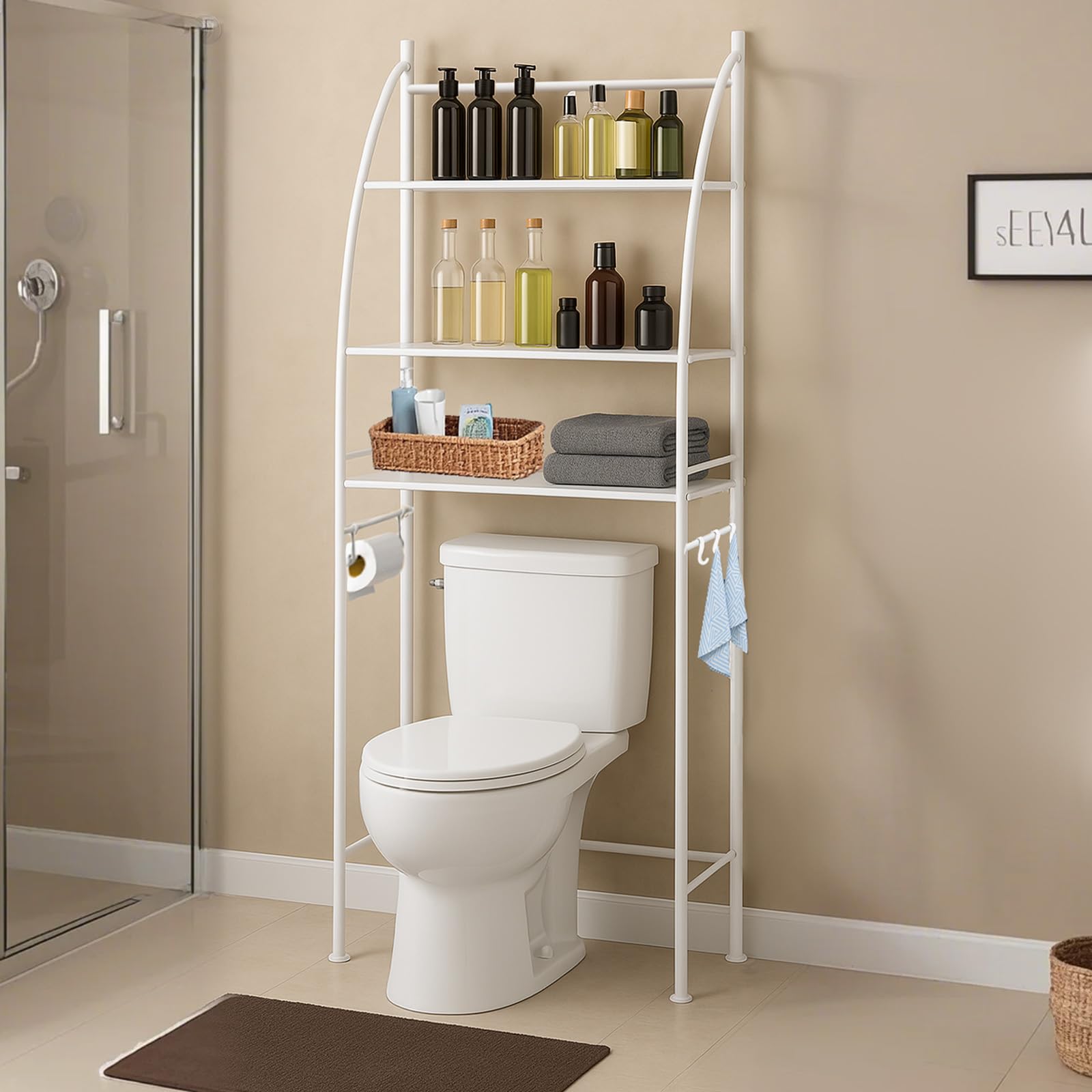 3-Tier Bathroom Organizer Shelf - Space-Saving Over The Toilet Storage Cabinet for efficient Bathroom Storage and Organization (White)