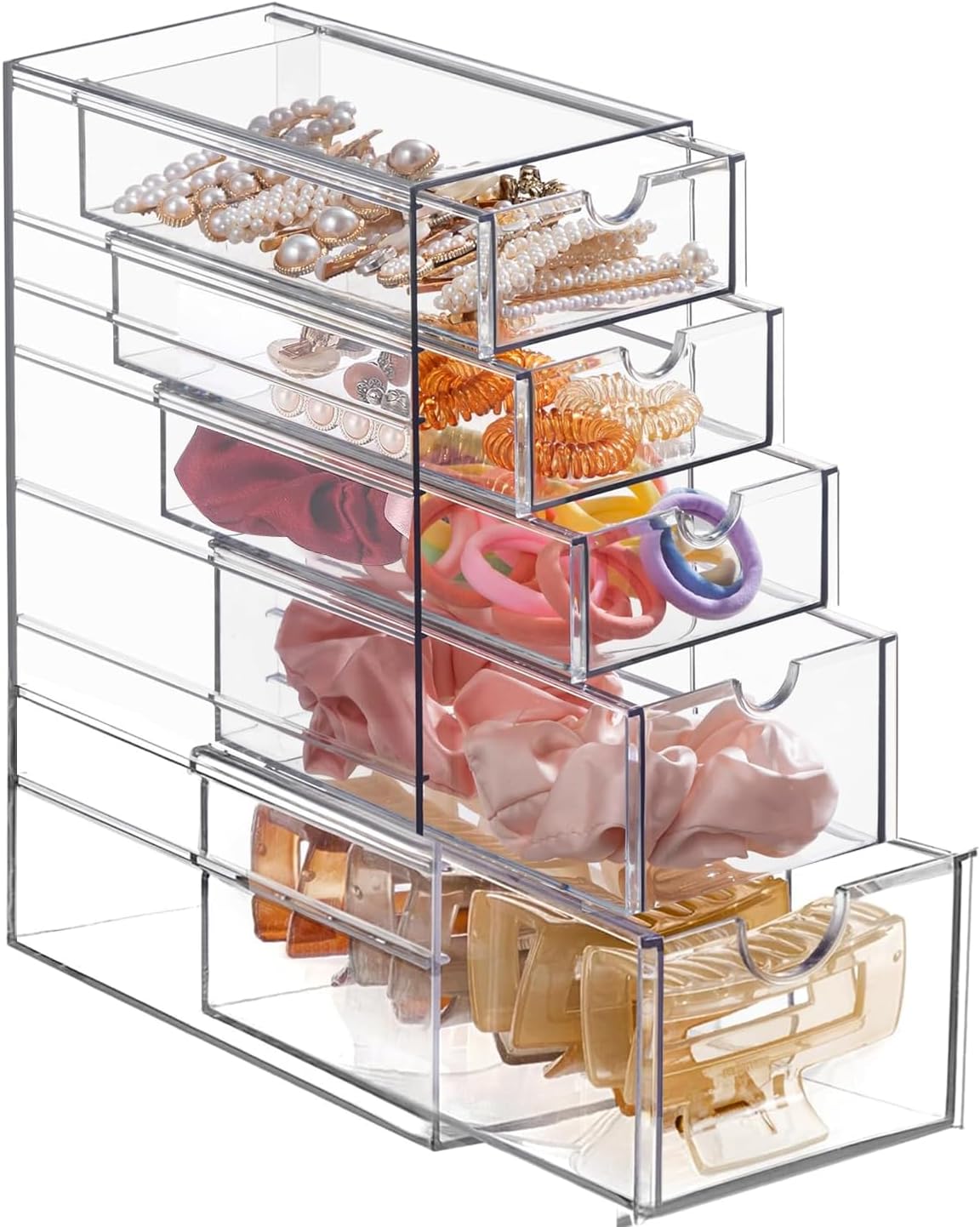 Clear Hair Accessories Storage Drawer Hair Tie Storage Organizer Acrylic Makeup Organizer Jewelry Organizer Scrunchie Holder with 5 Drawers for Bathroom Closet Desk Office Vanity, Undersink
