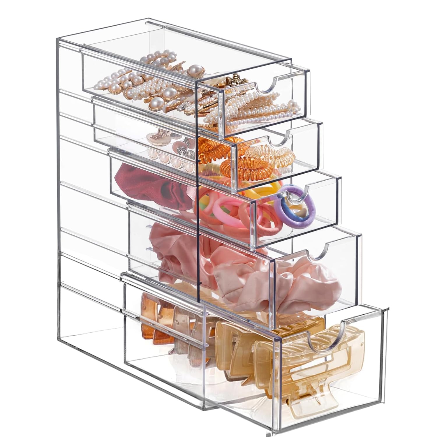 Clear Hair Accessories Storage Drawer Hair Tie Storage Organizer Acrylic Makeup Organizer Jewelry Organizer Scrunchie Holder with 5 Drawers for Bathroom Closet Desk Office Vanity, Undersink
