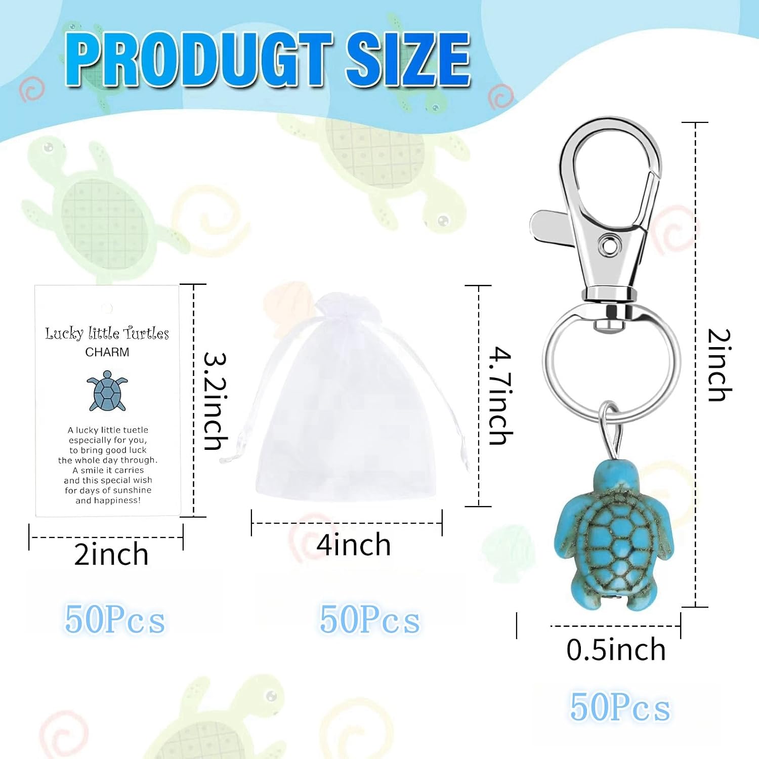 50 Sets Lucky Little Turtle Keychain with White Organza Bag and Greeting Card for Family Friends