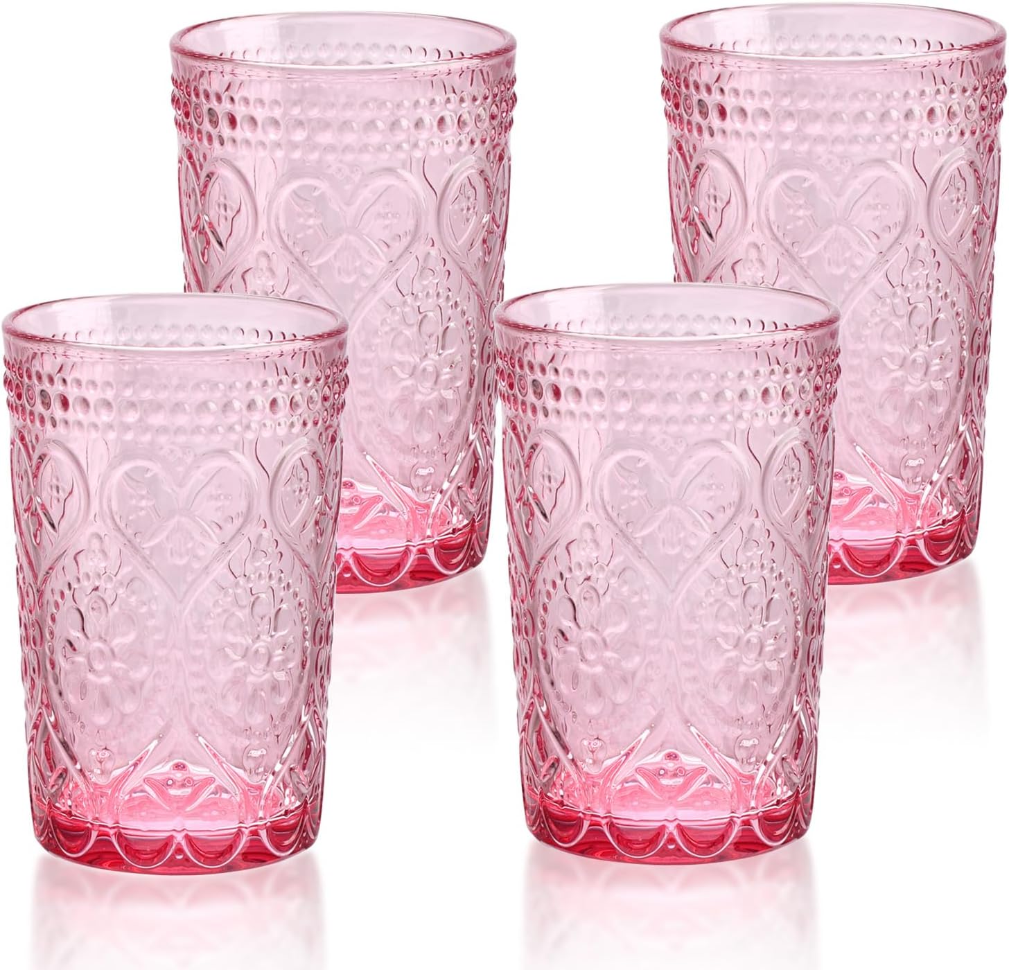Vintage Drinking Glasses Set of 4-12 OZ Pink Embossed Old Fashioned Water Glasses Tumblers for Whisky, Beer, Juice, Beverages, Cocktail