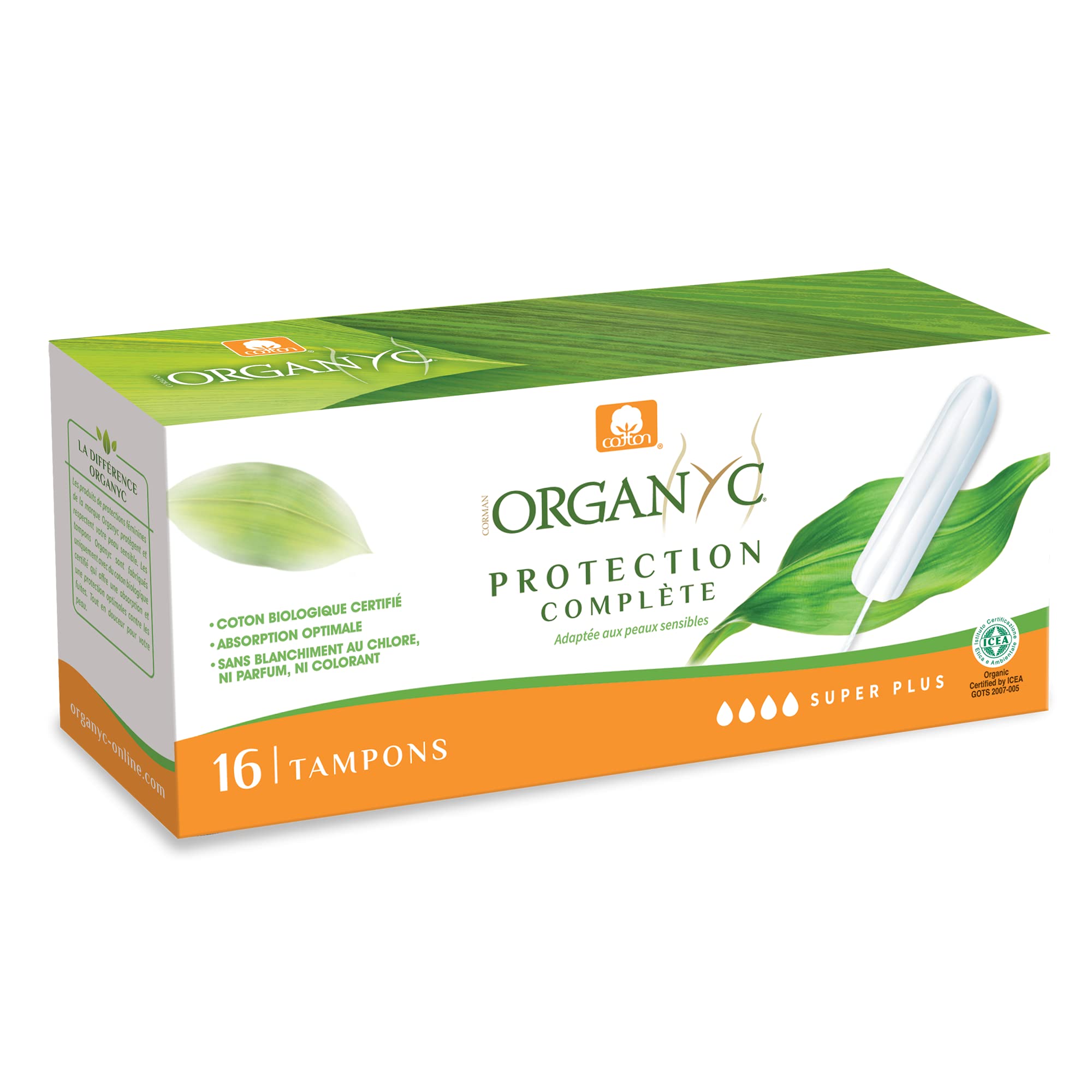 Organyc, Tampony ze 100% organicznej bawełny certyfikowanej do stosowania podczas krwawienia bardzo intensywnego - 4 opakowania po 16 sztuk (64 sztuk)