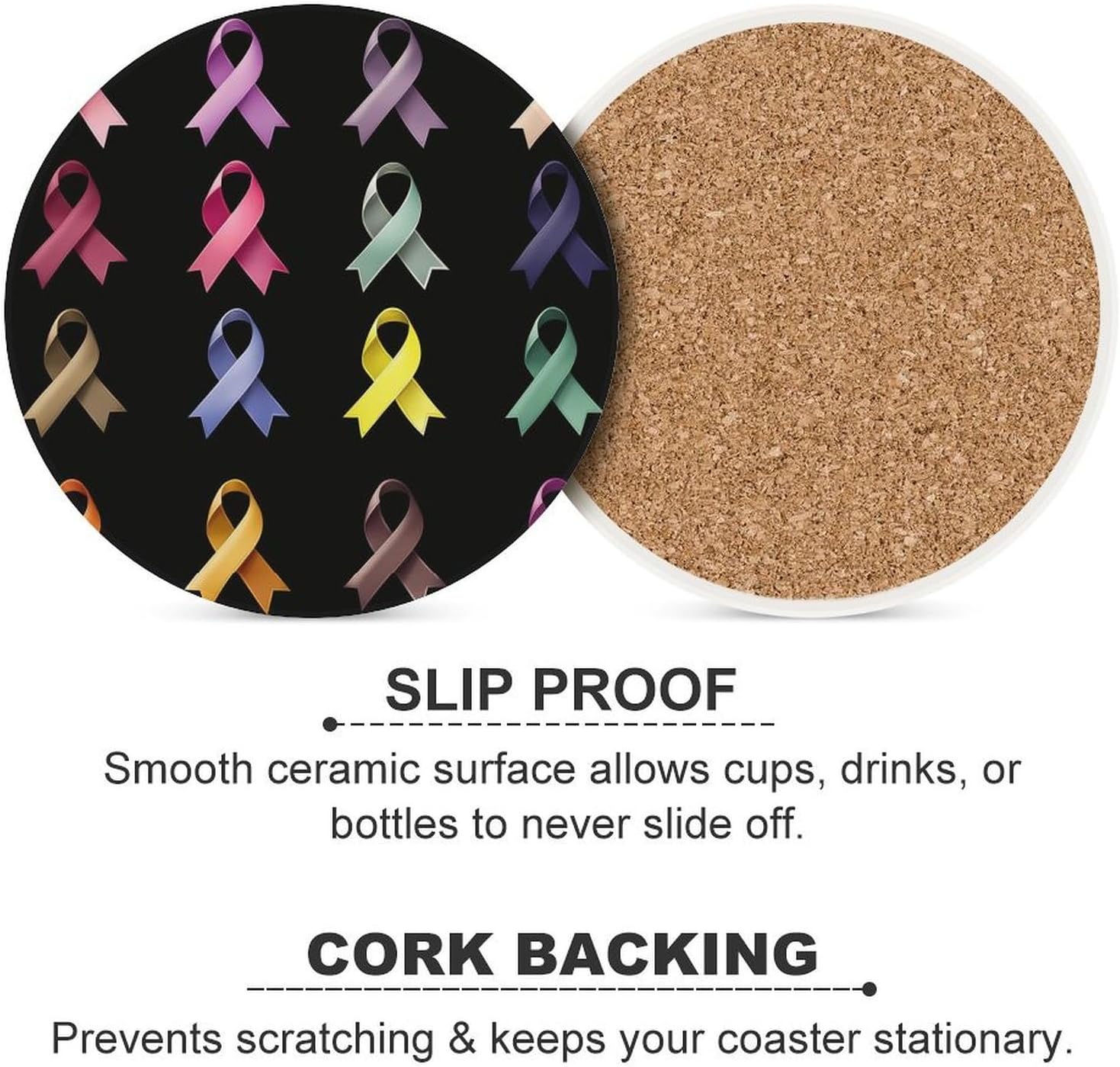 Colorful Breast Cancer Awareness Ribbon Coasters for Drink Round Ceramic Coaster with Cork Base Home Decorative 4PCS