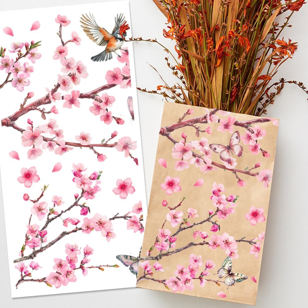 3 Sheets Flower and Butterfly Rub on Transfers for Crafts and Furniture 12×6inch Peach Blossom Birds Furniture Transfer Stickers for Wood Furniture Cabinet Dressers Home Decor image 3