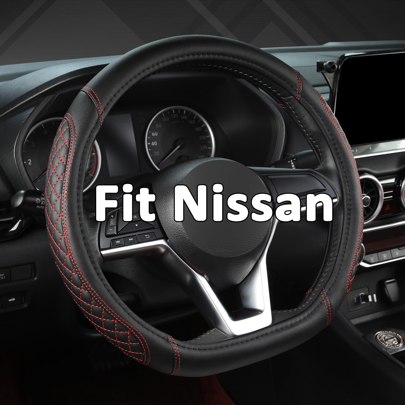 West Llama Flat Bottom Car Steering Wheel Cover for Nissan,D Shaped Steering Wheel Cover for Rogue,Altima,Kicks (Diamond Quilted-Black+Red-Standard Size)