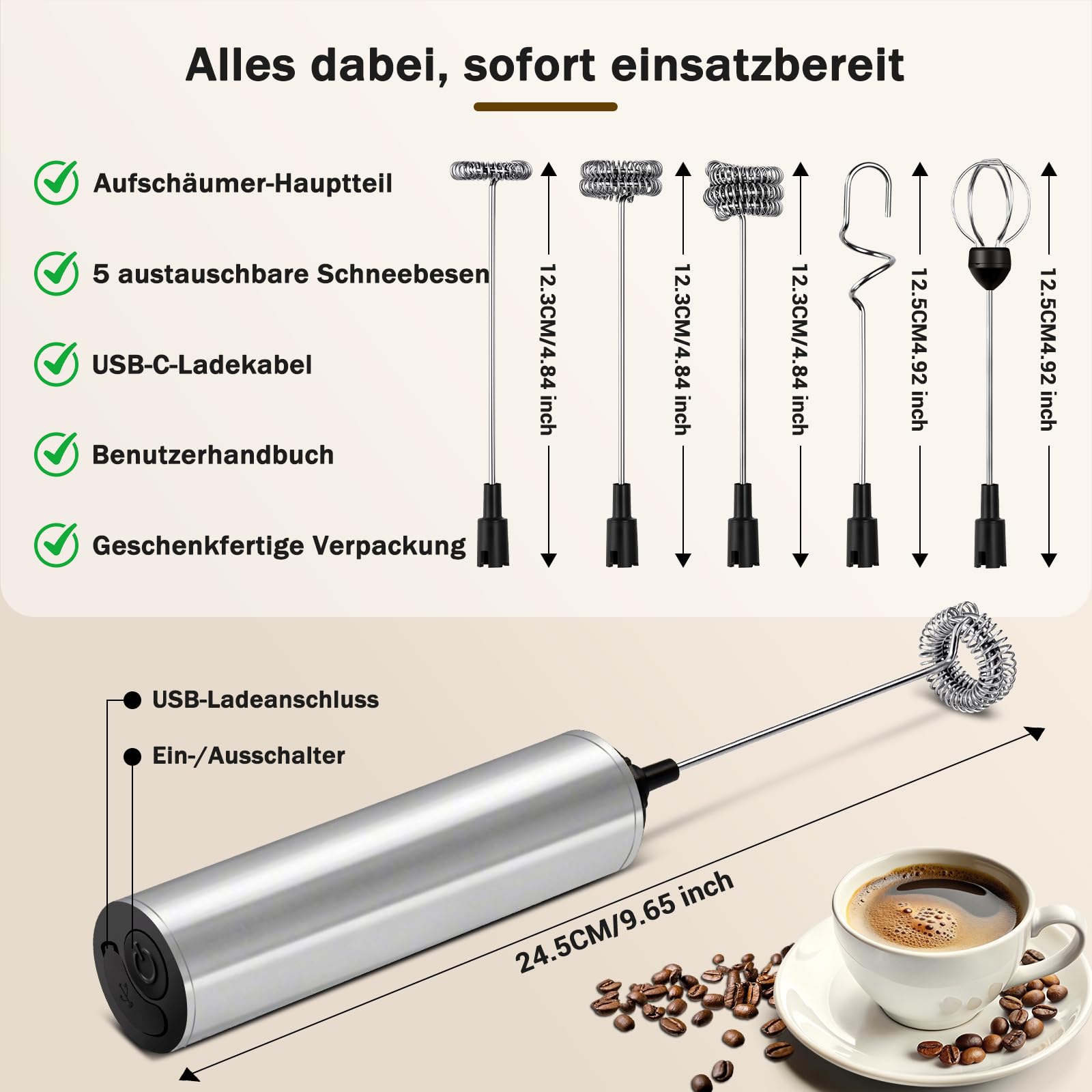 Milchschäumer Elektrisch USB-C mit 5 Wechselbaren Edelstahl-Schneebesen–2 Einstellbare Geschwindigkeiten (11.000/13.000 U/min), Wasserdichter Aufschäumer für Kaffee, Latte, Cappuccino, Matcha(Silber)