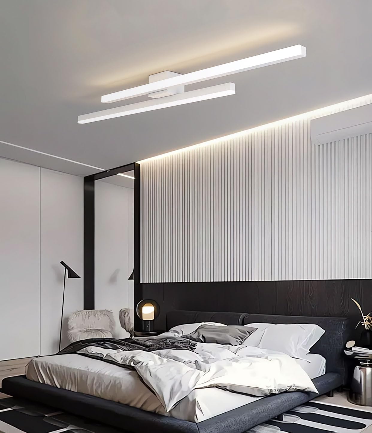 Nowoczesne liniowe lampy sufitowe LED, oświetlenie korytarza z funkcją ściemniania, czarne oprawy oświetleniowe do montażu wpuszczanego z pilotem, biały żyrandol sufitowy do sypialni (Biały, 2 głowy)