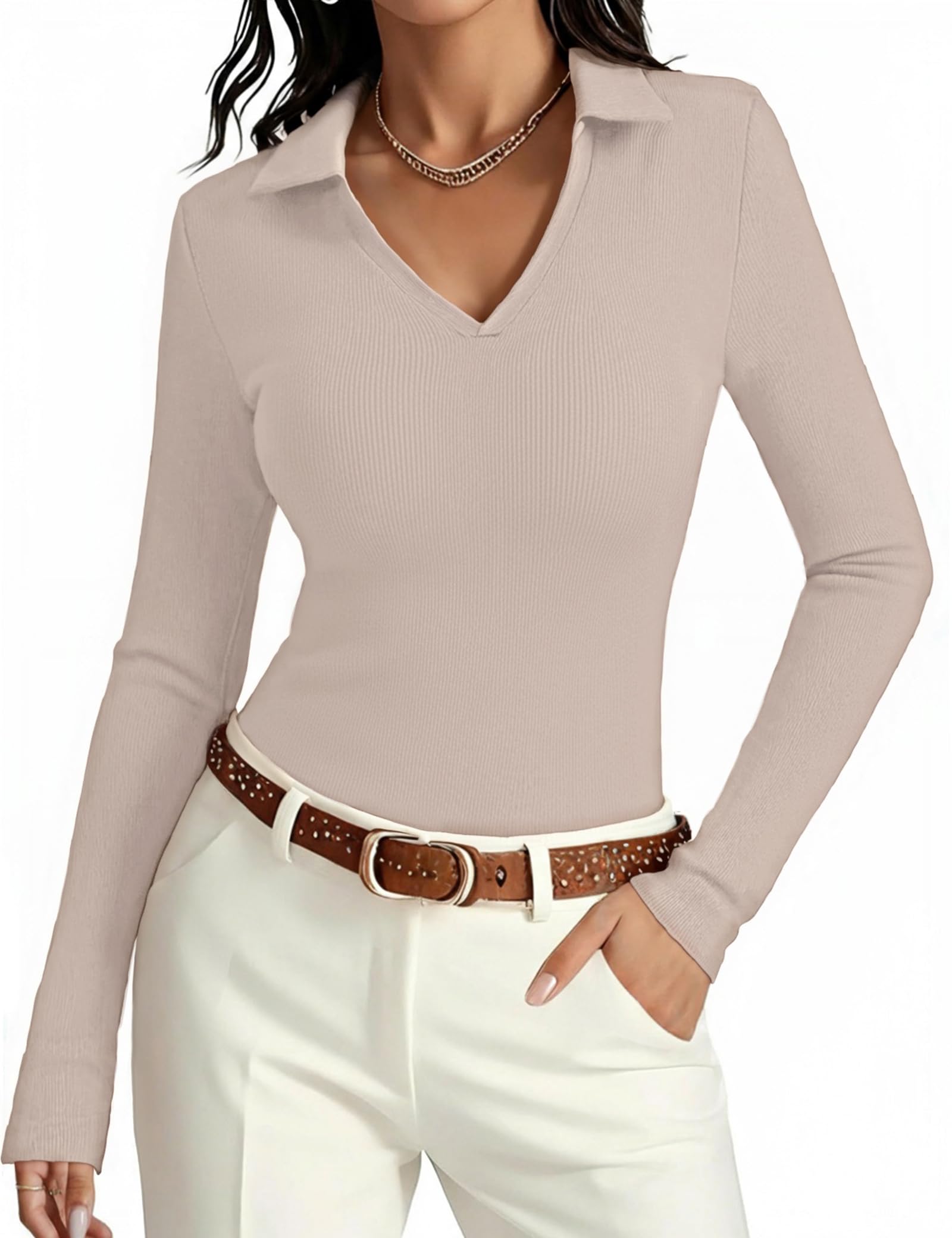 Aottori Damen Langarmshirt V-Ausschnitt Oberteile Gerippt Slim Fit Poloshirt Dünn Stretch Pullover Elegant Tee Shirts Langarm Casual Basic Tops Einfarbig