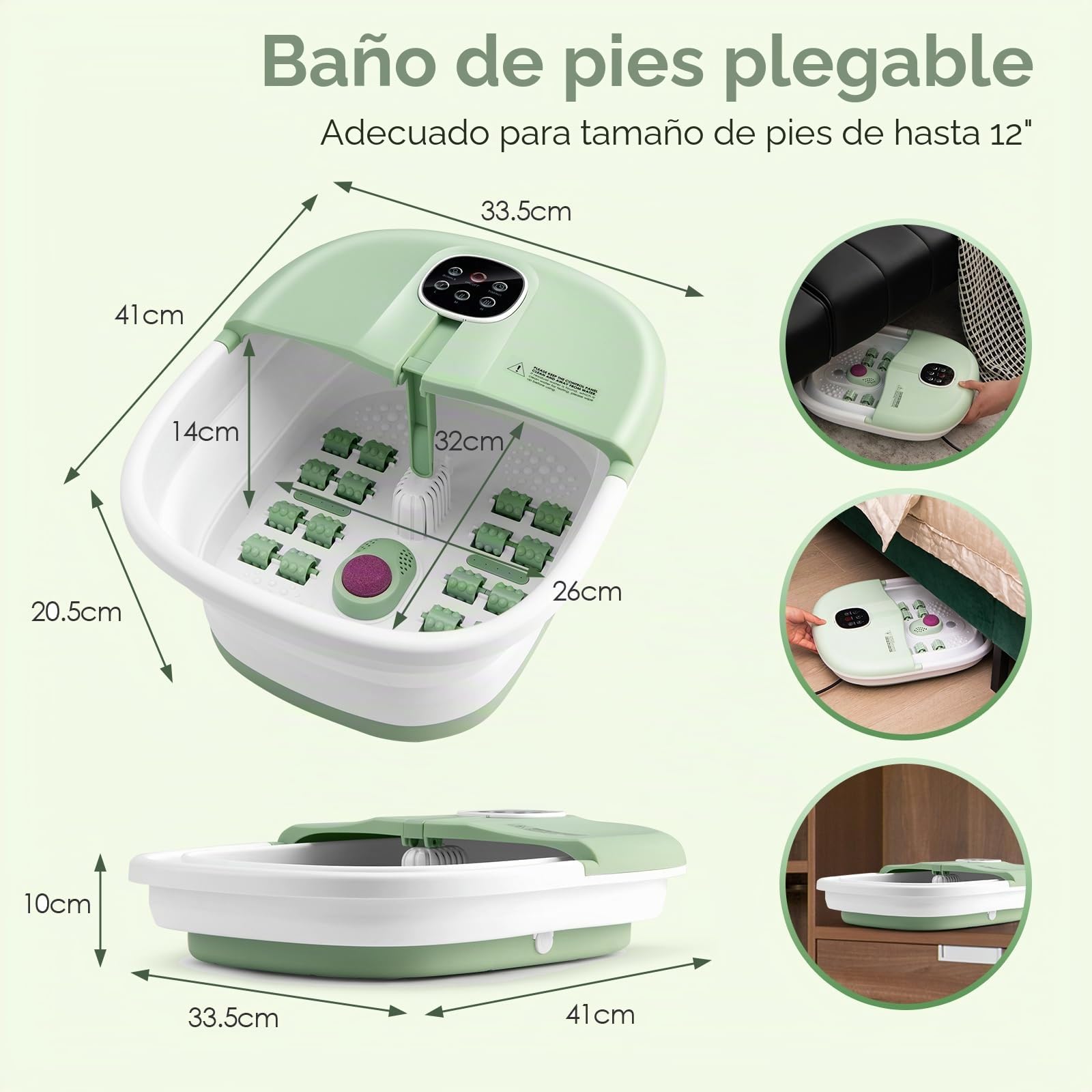 HOMASIS Bañera Spa Masajeador Plegable Para Pies con Calentamiento, Hidromasaje para Pies con Rodillos, Piedras Pómez y Temperaturas Ajustables 41/43/45 °C, Temporizador de 20/60 Minutos, 500W (Verde)