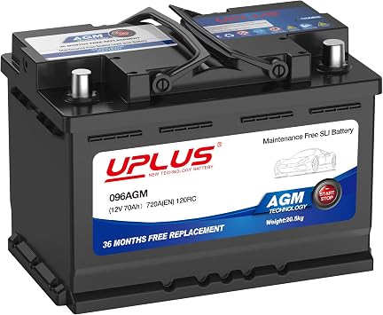 UPLUS 096AGM Car Battery, 12V 70Ah Maintenance Free Automotive Start-Stop Battery, 720A 120RC, High Performance Batteries Type 096 Agm 278L x 175W x 190H mm