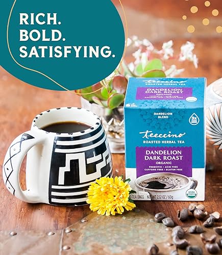 Miniatura 5 de Teeccino Té de diente de león, tostado oscuro, té de hierbas rico y tostado sin cafeína y prebiótico con raíz de diente de león desintoxicante, 10